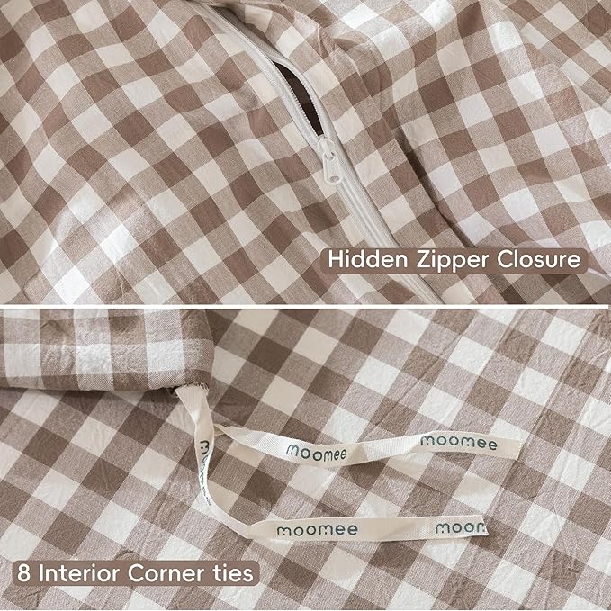 MooMee Gingham Duvet Cover Set 100% Washed Cotton Linen Like Textured Breathable Durable Soft Comfy Modern Checkered Design (Brown Gingham, Super Queen 90"x98")