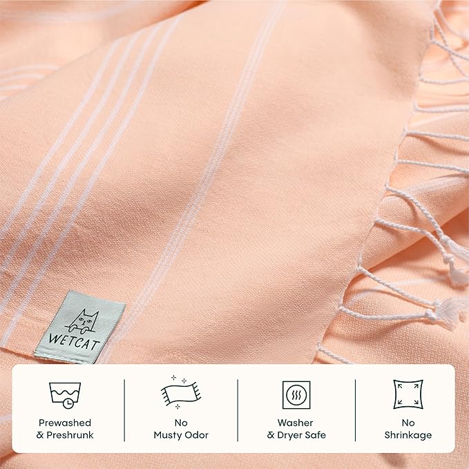 WETCAT Turkish Beach Towel Oversized (38"x71") 100% Turkish Cotton, Made in Turkey - Sand Free, Extra Large, Ultra Soft, Quick Drying, Compact & Lightweight for Travel - Peach