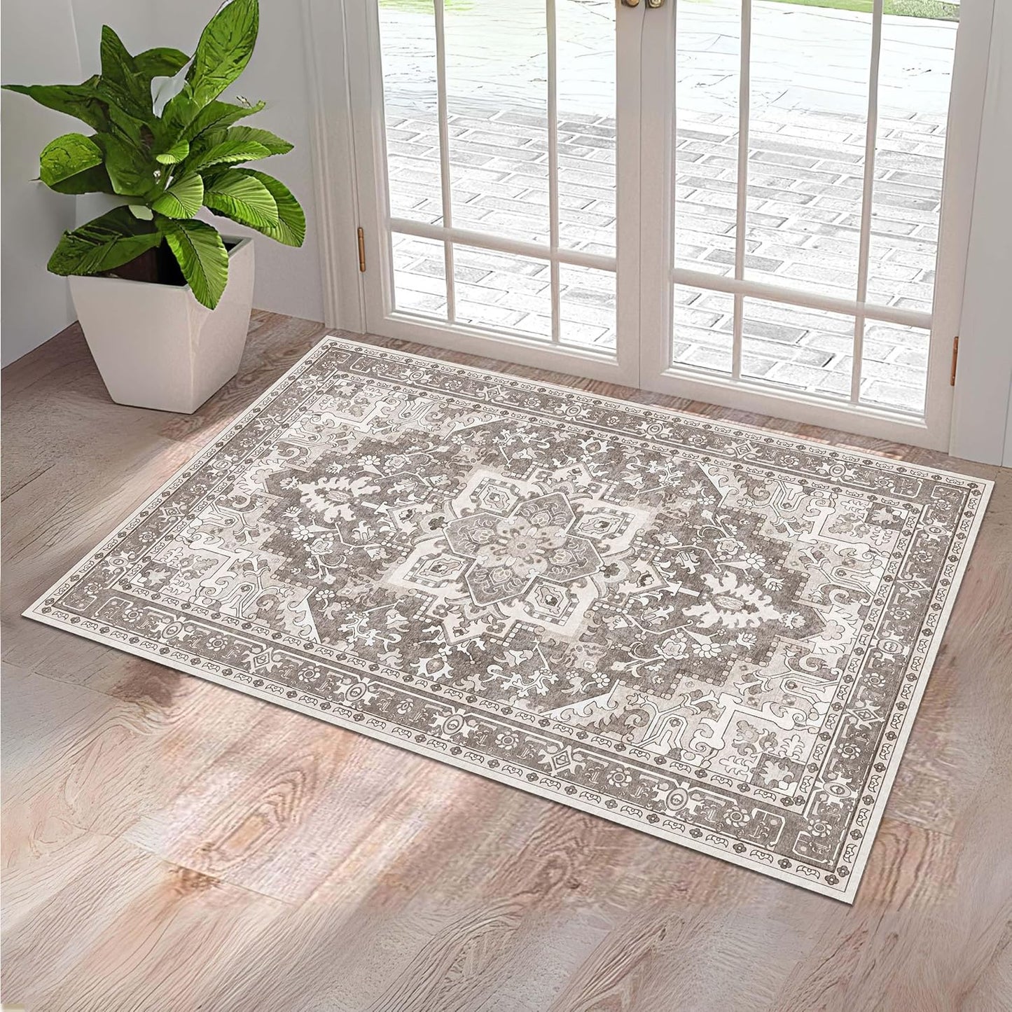 Washable Entryway Rug 3x5 | Non Slip Rug Runners for Hallways, Entryways, Kitchens, Bathrooms, Bedrooms | Ultra-Soft Flannel Carpet Kitchen Rug with Rubber Backing (Brown, 3x5)