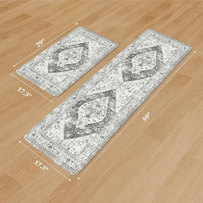 KIMDOE Kitchen Rugs 2PCS Cushioned Anti Fatigue Kitchen Mat Non-Skid Waterproof Kitchen Runner Rug Ergonomic Comfort Foam Standing Mat for Kitchen Decor,Grey