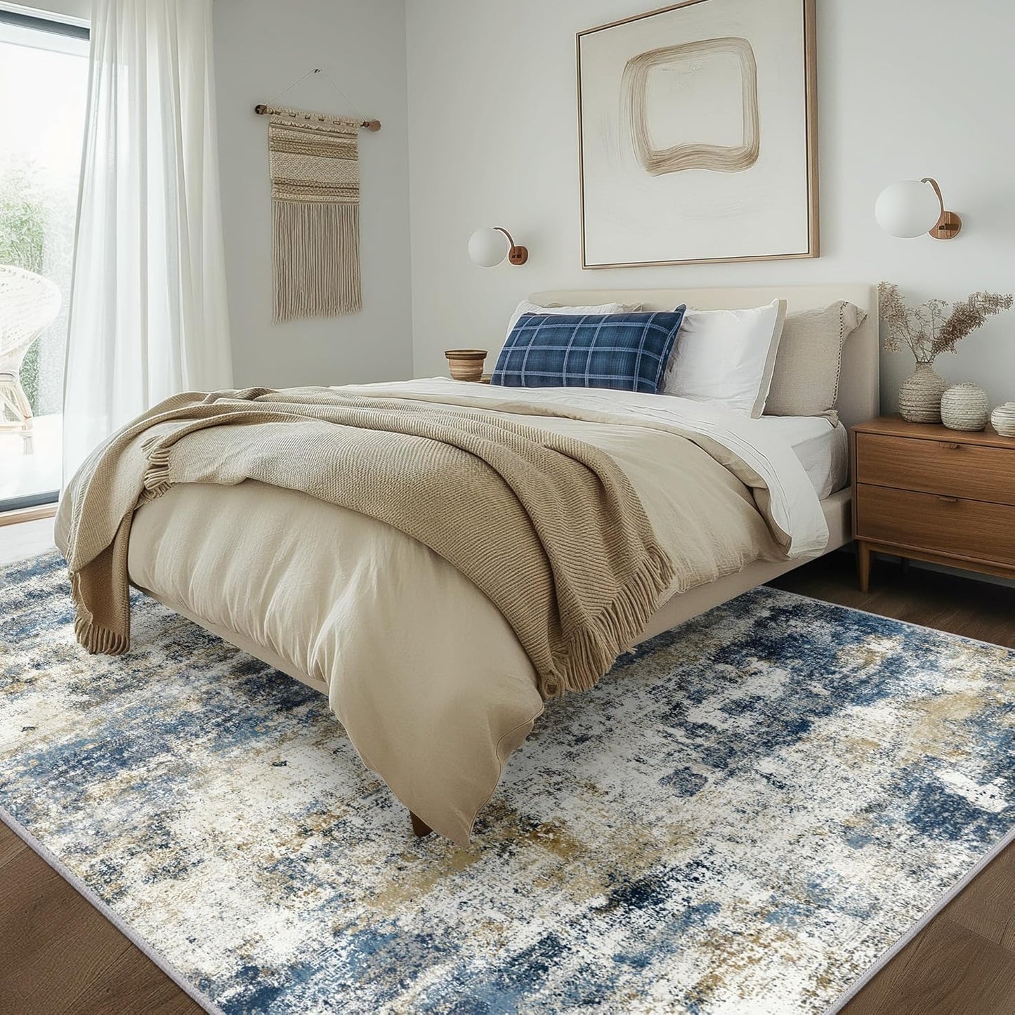 Area Rugs 10x12 for Living Room Bedroom, Modern Abstract Machine Washable Rug, Large Soft Low Pile Floor Carpet with Non Slip Backing for Dining Room, Navy Blue Beige