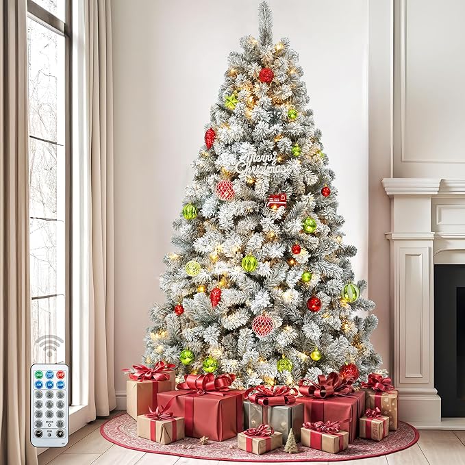 DWVO 7.5 ft Prelit Snow-Flocked Artificial Pine Christmas Tree, Full Xmas Tree with 550 Lights, 8 Lighting Modes, 1450 Tips, Foldable Base for Home and Party Decor