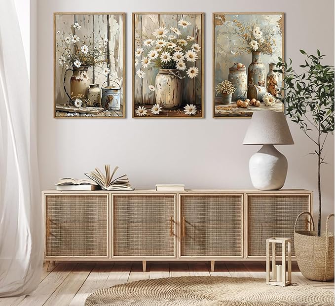 Rustic Farmhouse Daisy Flower Canvas wall art Vintage Country Floral Poster Print Artwork Modern Still Life Nature Botanical Wall Decor for Bedroom, Living Room Bathroom Scene Furniture Decoration