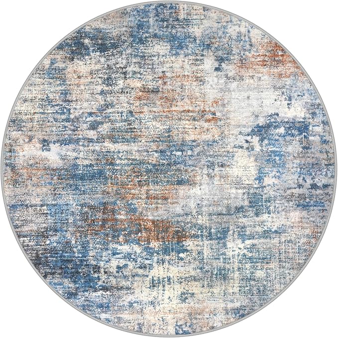 IOHOUZE Round Area Rug 5 Ft Circle Entryway Rugs Round Washable Door Mat Indoor Entrance, Non Slip Circle Front Door Rug, Printed Abstract Faux Wool Floor Carpet for Foyer Porch Sink, Blue Rust