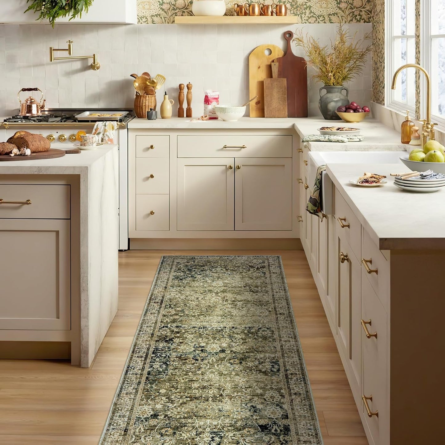 Boho Washable Runner Rug for Kitchen,Non Slip Rubber Backing Non Skid Oriental Floral Vintage Long Carpet Runners for Hallway Entryway Indoor Doormat Bedroom,2x6 6ft,Moss Olive Green Beige