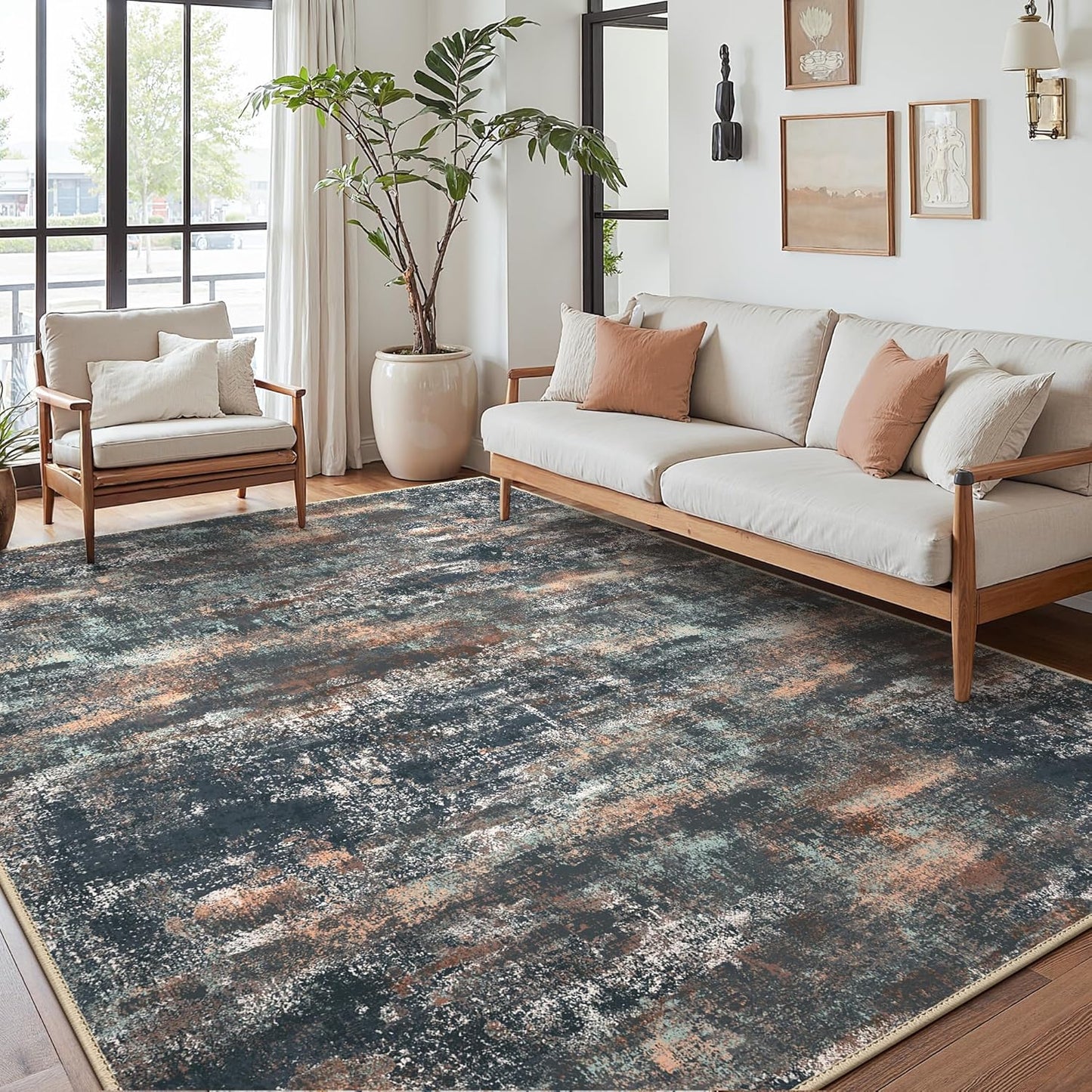 Area Rugs 6x9 for Living Room Bedroom, Modern Abstract Machine Washable Rug, Large Soft Low Pile Floor Cover with Non Slip Backing for Dining Room, Dark Blue Rust