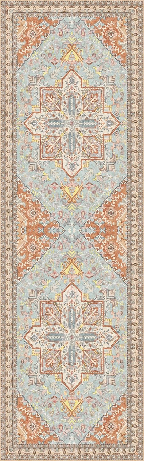 Washable Runner Rug 2.5x8 | Non Slip Rug Runners for Hallways, Entryways, Kitchens, Bathrooms, Bedrooms | Ultra-Soft Flannel Carpet Runners with Rubber Backing (Light Teal/Rust, 2.5x8)