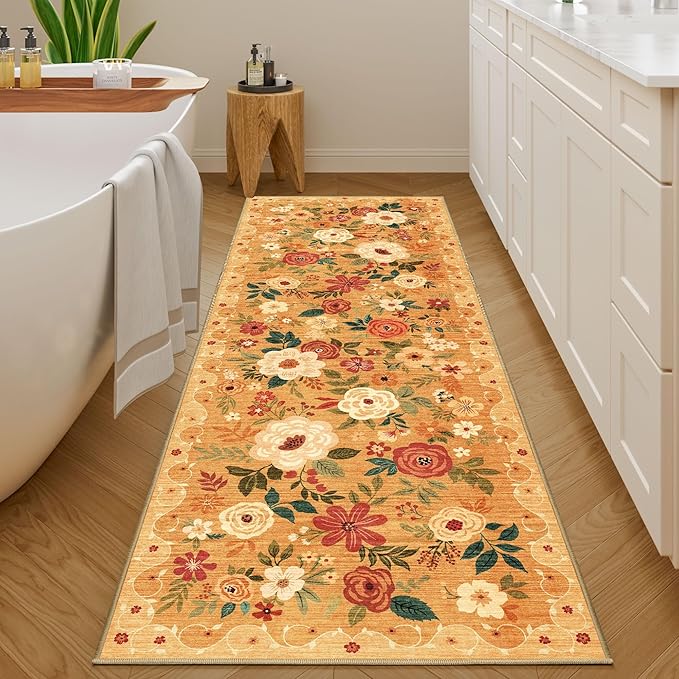 DUKINO Runner Rug, 2.6x8 Kitchen Rug for Hallway with Non Slip Backing, Washable Low Pile Soft Boho Floral Runner Carpet for Hallway, Kitchen, Entryway, Laundry, Bedroom, Orange