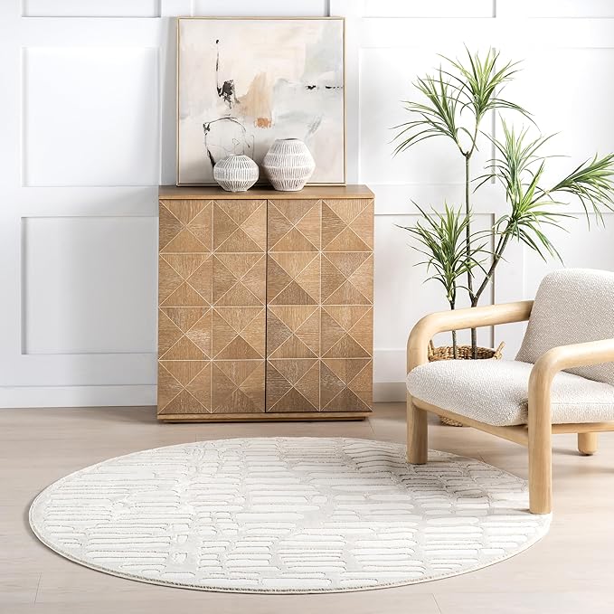 nuLOOM 6' Round Indoor Area Rug, 100% Recycled PET, Machine Washable, Oeko-TEX Certified, Medium Pile, Pet-Friendly, Belen Modern Abstract Cream