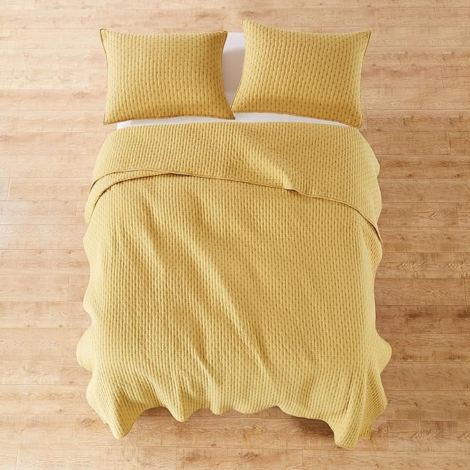 Levtex Home Cross Stitch Reversible Twin XL/Twin Quilt Set (68x86in) with 1 Pillow Sham (26x20in) - Stitch Texture - Ochre - 100% Cotton Twin Size Quilt Bedding Set - Lightweight, Soft, Pre-Washed