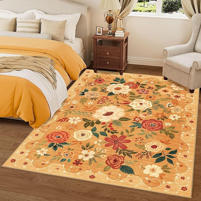 DUKINO 8x10 Area Rug, Floral Rugs for Living Room, Lightweight Non Slip Washable Rug, Indoor Low Pile & Non-Shedding Boho Design Rugs for Bedroom, Living Room, Dining Room, Orange