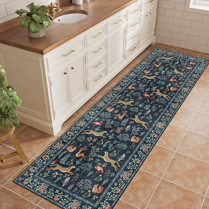 DUKINO 2x10 Rug for Hallway, Washable Kitchen Runner Rug with Non Slip Backing, Soft Low Pile Vintage Animal Runner for Bedroom, Kitchen, Hallway, Entryway, Laundry, Navy Blue