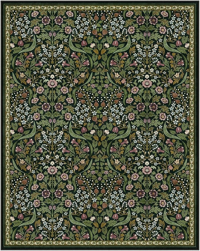 Lahome Floral 8x10 Green Living Room Rugs, Large Washable Area Rug for Bedroom Rubber Backed, Botanical Thin Stain-Resistant Carpet for Dining Room Under Table, Kids Room, Nursery