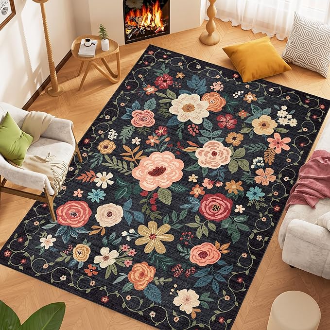 DUKINO 5x7 Area Rug, Floral Design, Lightweight Non Slip Washable, Indoor Low Pile & Non-Shedding Boho Rug for Bedroom, Living Room, Dining Room, Black