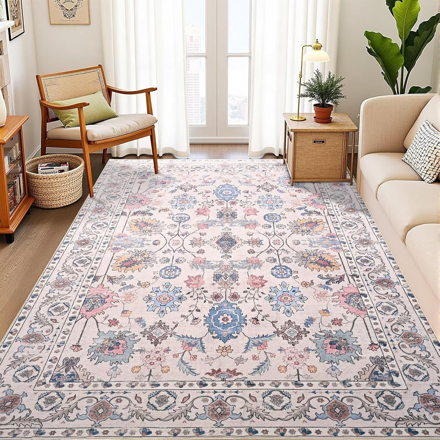 Vasofe 5x7 Rug for Bedroom, Washable Living Room Rugs for Dining Room, Cream Indoor Floor Mat, Vintage Floral Mats for Home Decor, Farmhouse, Laundry Room, Non Slip Low Pile Soft Modern Carpet