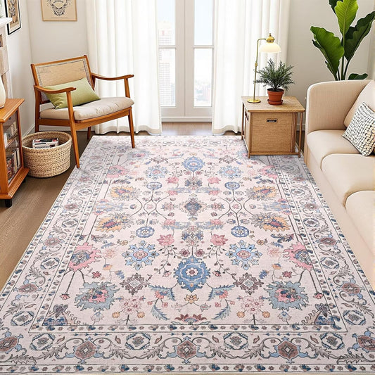 Vasofe 5x7 Rug for Bedroom, Washable Living Room Rugs for Dining Room, Cream Indoor Floor Mat, Vintage Floral Mats for Home Decor, Farmhouse, Laundry Room, Non Slip Low Pile Soft Modern Carpet