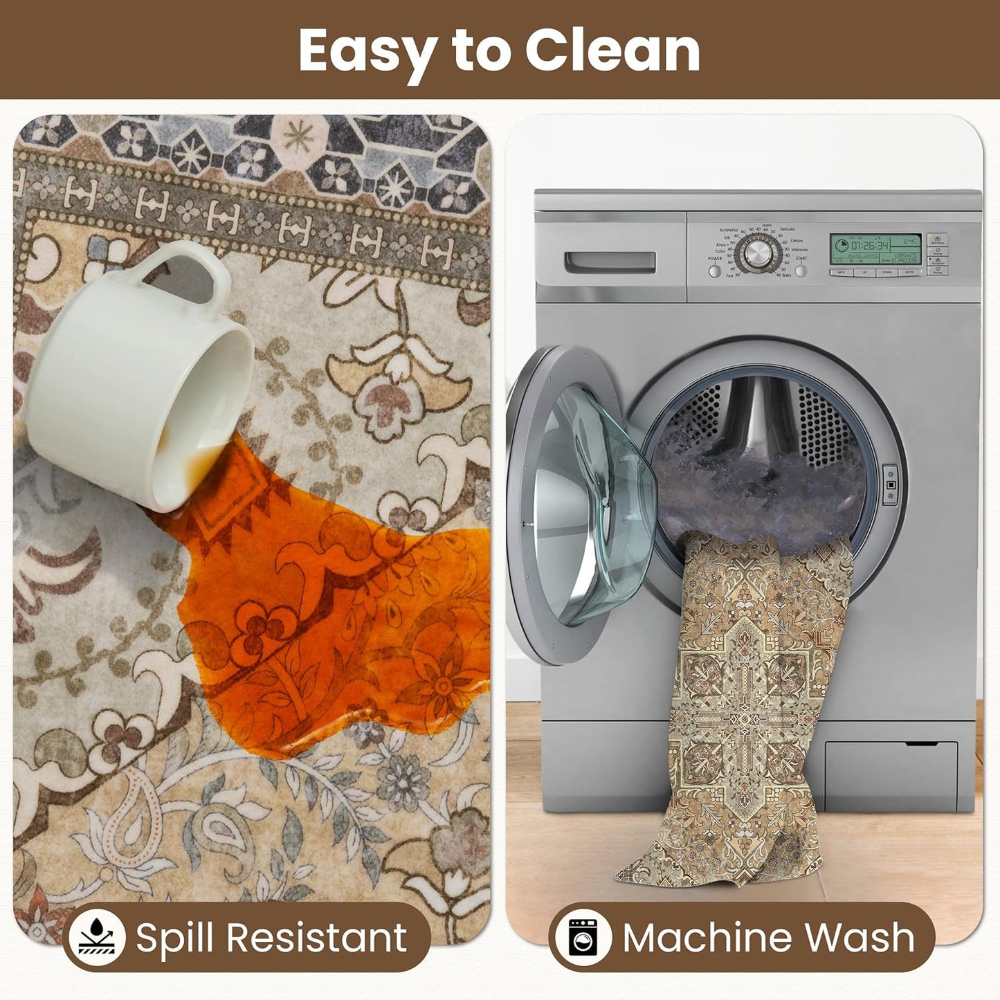 Washable Area Rug 6x9 | Non Slip Area Rug for Living Room, Bedrooms, Dining Room | Ultra-Soft Flannel Carpet Area with Rubber Backing (Olive Brown, 6x9)