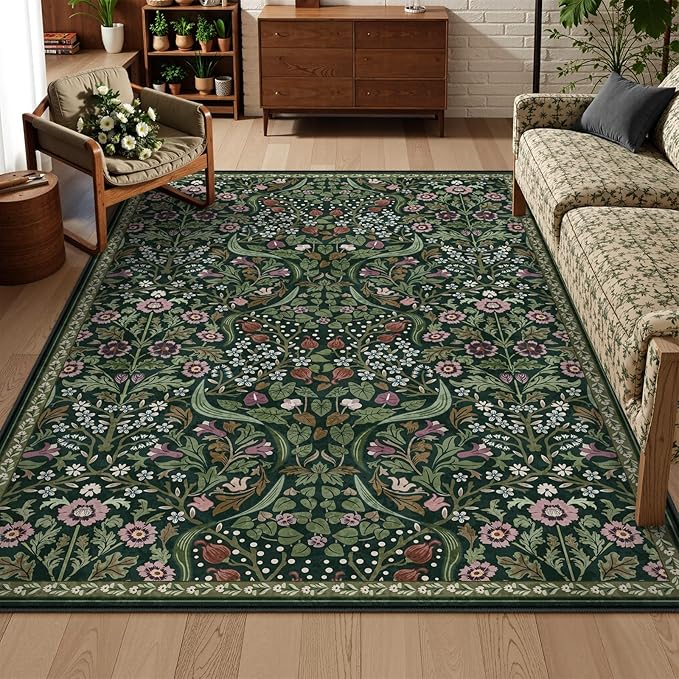 Lahome Floral Living Room Rug, 6x9 Soft Washable Rugs for Bedroom, Thin Green Area Rug for Dining Room, Non Shedding Print Carpet for Guestroom