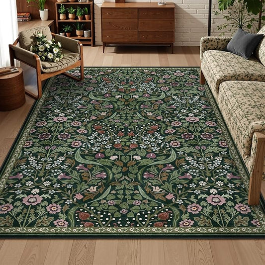 Lahome Floral Living Room Rug, 6x9 Soft Washable Rugs for Bedroom, Thin Green Area Rug for Dining Room, Non Shedding Print Carpet for Guestroom