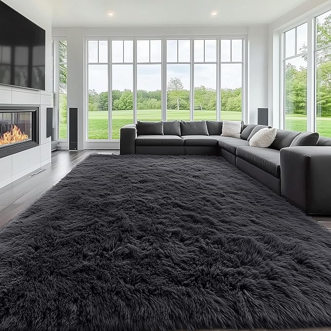 OLANLY 9x12 Machine Washable Large Area Rugs for Living Room, Bedroom, Soft Fluffy Shaggy Bedside Rug, Indoor Floor Carpet for Kids Girls and Boys, Dorms, Nursery, Home Decor Aesthetic, Black