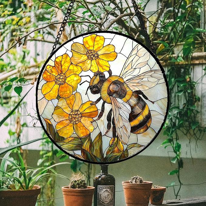 Stained Glass Window Hanging - Yellow Bees Gathering Flowers Sun Catcher for Door Garden Home Decor Cute Suncatcher Christmas Mother's Day Birthday Gifts for Women Men Mom Nana 6.3 in