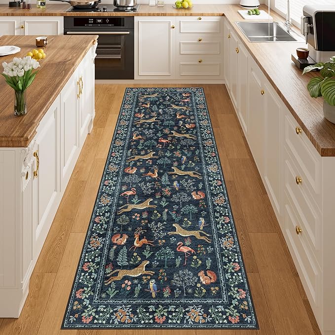 DUKINO 2x6 Rug for Hallway, Washable Kitchen Runner Rug with Non Slip Backing, Soft Low Pile Vintage Animal Runner for Bedroom, Kitchen, Hallway, Entryway, Laundry, Navy Blue