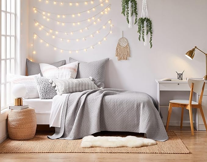 Levtex Home Cross Stitch Reversible Twin XL/Twin Quilt Set (68x86in) and 1 Pillow Sham (26x20in) - Stitch Texture - Light Grey - Cotton Twin/Twin Size Quilt Bedding Set - Lightweight Soft Pre-Washed