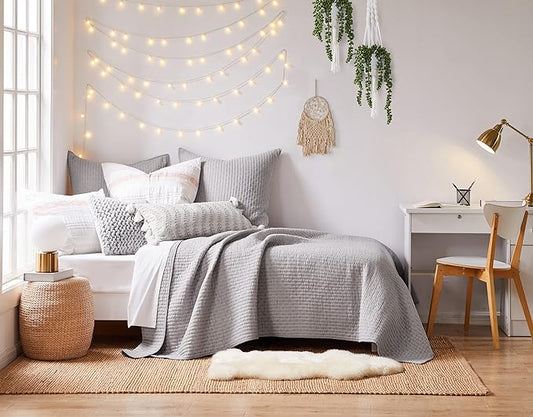 Levtex Home Cross Stitch Reversible Twin XL/Twin Quilt Set (68x86in) and 1 Pillow Sham (26x20in) - Stitch Texture - Light Grey - Cotton Twin/Twin Size Quilt Bedding Set - Lightweight Soft Pre-Washed