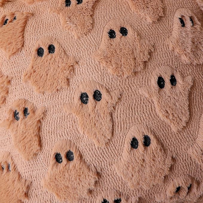 4TH Emotion Halloween Ghost Decorative Lumbar Pillow Covers 12x20 Set of 2, Light Brown Soft Plush Faux Fur Farmhouse Throw Cushion Cases for Fall Autumn Holiday Home Decorations