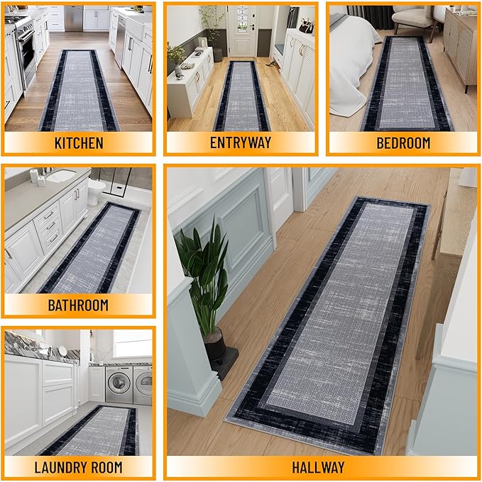 Ottomanson Hallway Runner Rug 2'7" x 9'10" Non Slip Border Area Rugs Easy to Clean Laundry Rug Runner Durable & Pet Friendly Floor Carpet Runners for Hallways Entryway Living Room Kitchen, Gray/Navy