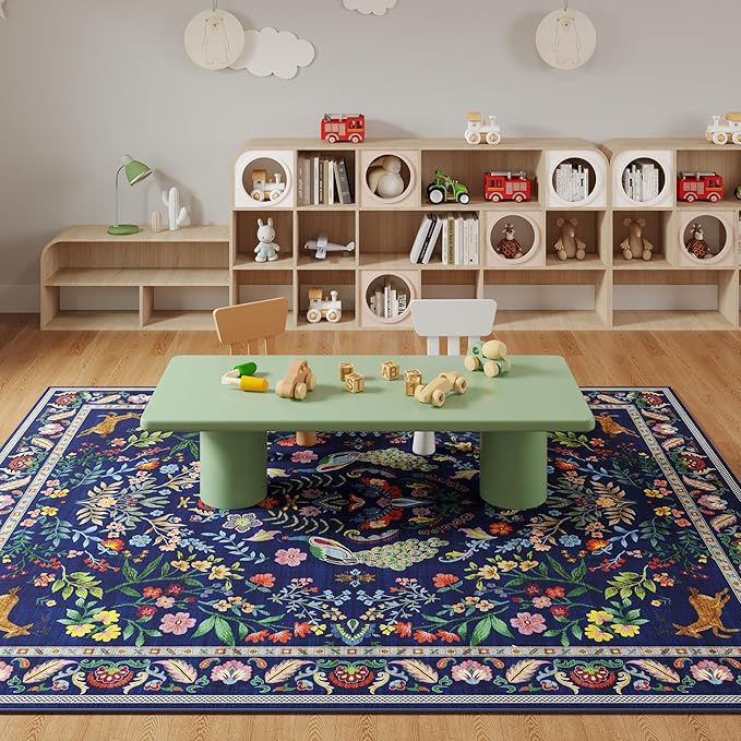9x12 Area Rugs for Living Room Washable Rug Floral Non-Slip Large Rug for Living Room, Bedroom, Farmhouse, Dining Room, Kids Playroom (Blue)