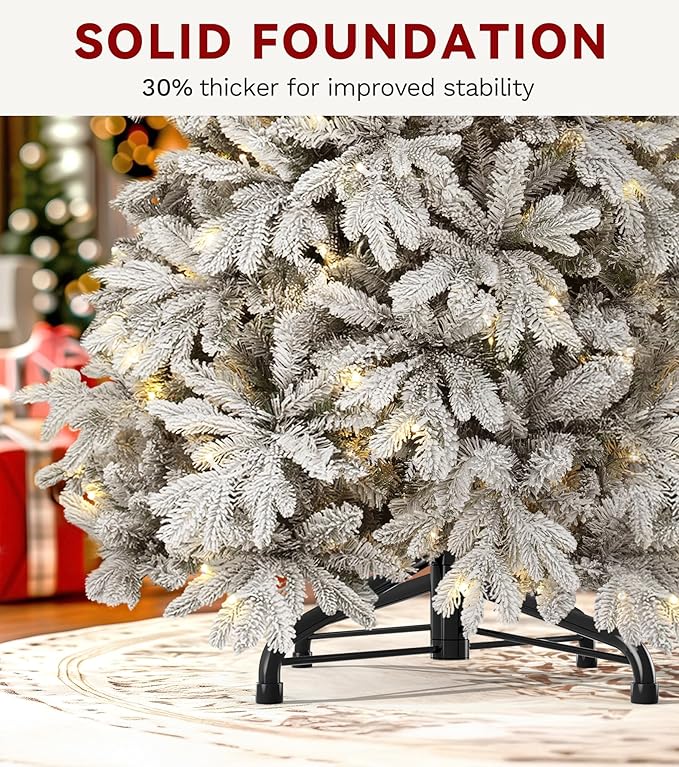 DWVO 6ft Pre-Lit Snow Flocked Artificial Christmas Tree, Luxurious Canaan Fir Design with 1225 PE & PVC Branch Tips, 260 Lights for Colorful Home and Office Holiday Decoration