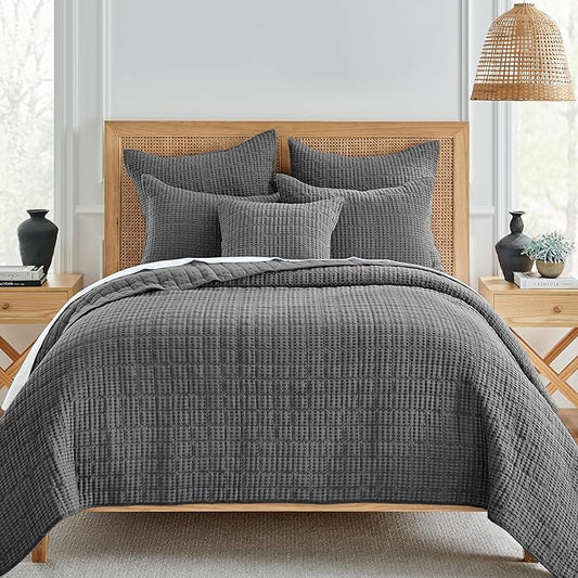 Levtex Home Mills Waffle Full/Queen Quilt Set (88x92in) with 2 Pillow Shams (26x20in) - Charcoal - 100% Cotton Full/Queen Size Quilt Bedding Set - Lightweight, Soft, Pre-Washed