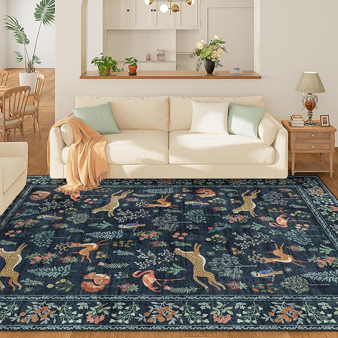 DUKINO 5x7 Rug, Washable Animal Living Room Rug with Non Slip Vintage Design, Soft Low Pile Large Carpet for Bedroom, Nursery, Dining Room, Farmhouse, Playroom, Navy Blue
