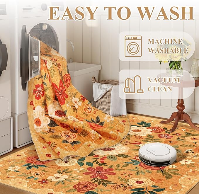 DUKINO 2x5 Runner Rug for Hallway, Washable Kitchen Floral Runner Rug with Non Slip Backing, Low Pile Soft Boho Carpet for Kitchen, Hallway, Entryway, Laundry, Bedroom, Orange