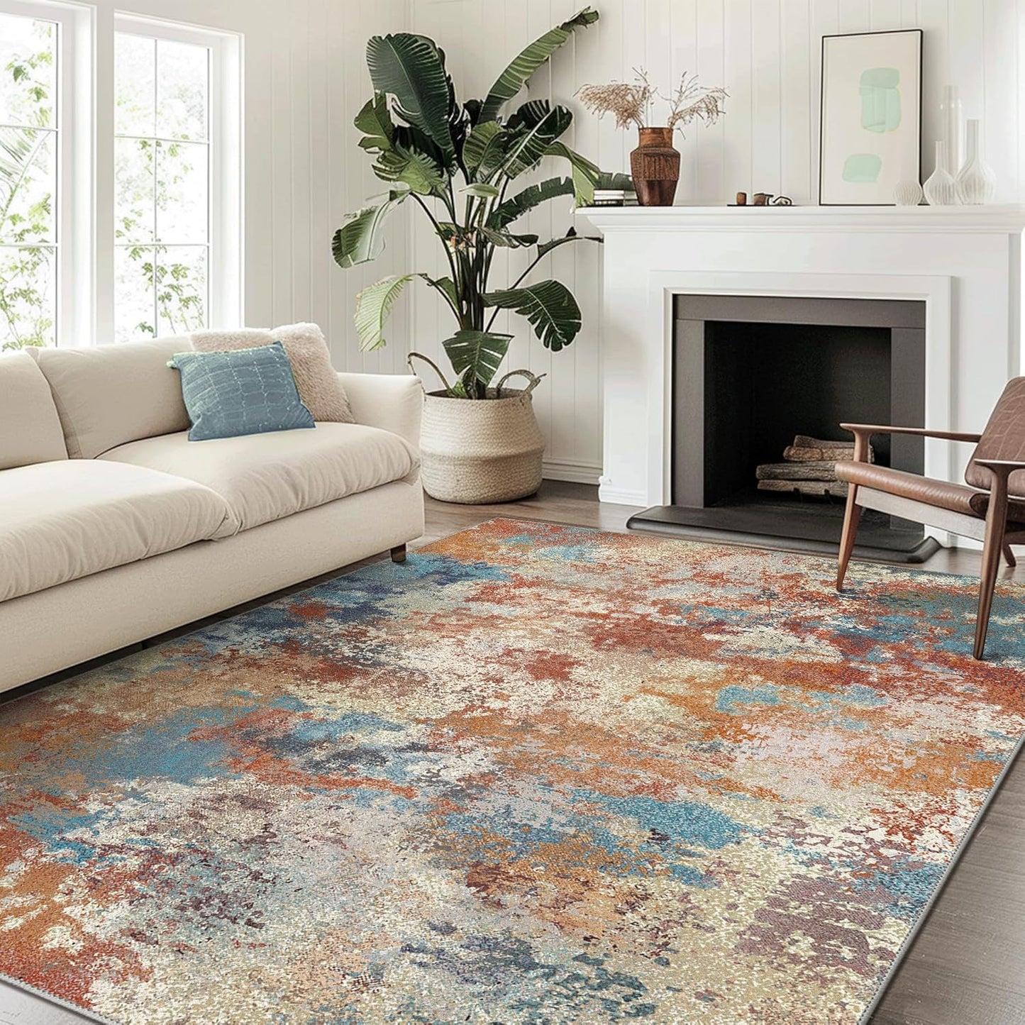 Area Rugs 8x10 Machine Washable Area Rugs for Living Room Bedroom Dining Room, Large Modern Abstract Colorful Soft Rugs, Indoor Low Pile Carpet with Non Slip Rubber Backing, Multi Red