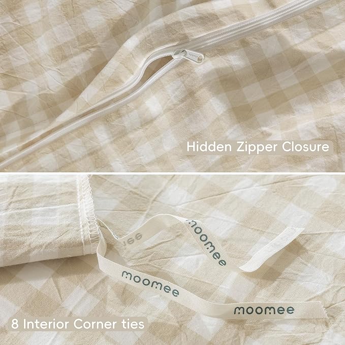 MooMee Gingham Duvet Cover Set 100% Washed Cotton Linen Like Textured Breathable Durable Soft Comfy Modern Checkered Design (Almond Milk Grey Gingham, Super King 108"x98")