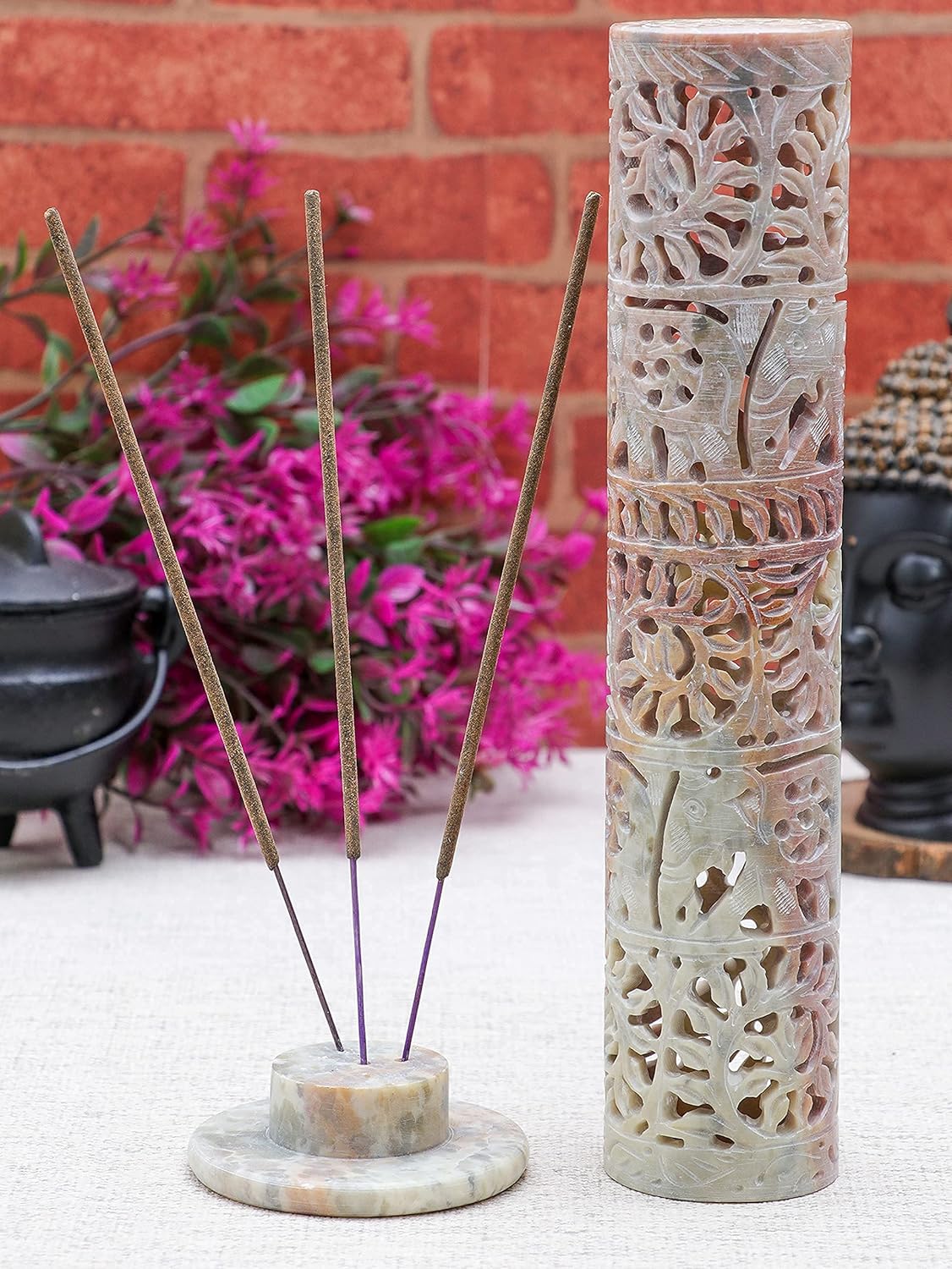 Crocon Soapstone Handmade Tower Candle Burner Elephant Leaf Crafting Incense Tower Burner | Tea Light Holder | Living Room Decor Kitchen Home Fragrance Decorative Great Gift Set - 2.9X2.9X10 Inch
