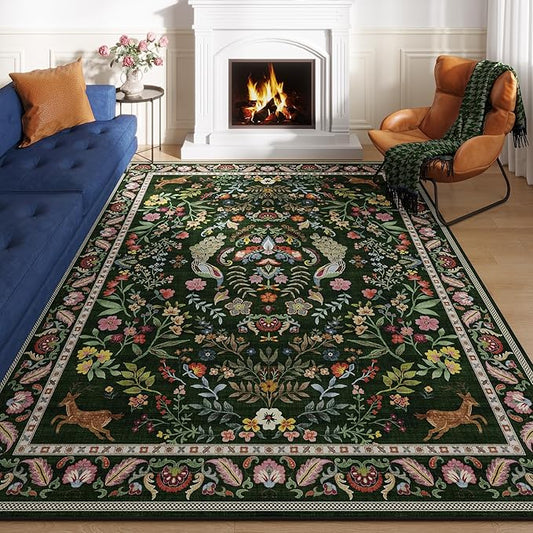 Living Room Rug 5x7 Rug Machine Washable Area Rug Floral Non-Slip Low Pile Large Rugs for Living Room, Bedroom, Farmhouse, Dining Room, Kids Playroom (Emerald Green)