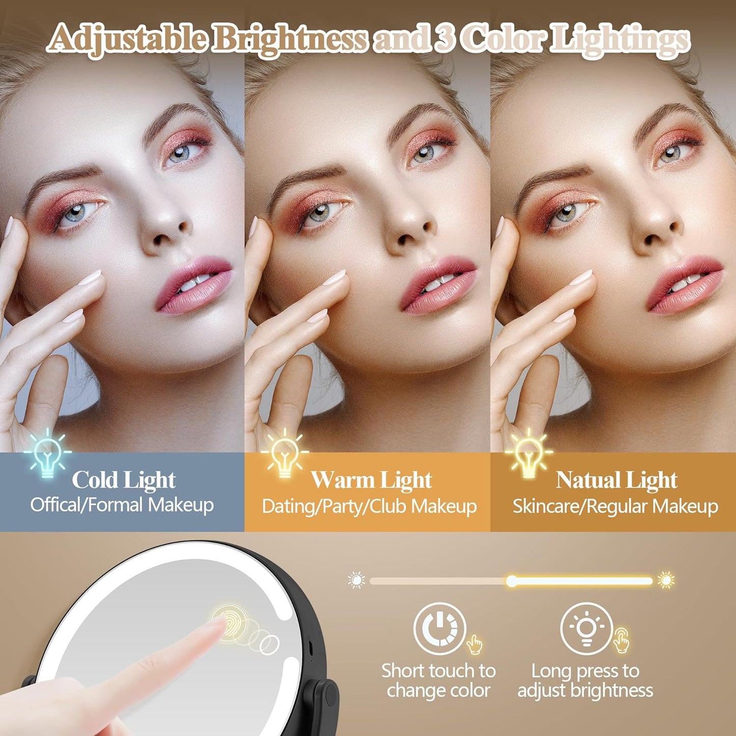 Makeup Mirror with Lights, Double Sided 1x/20x Magnifying Mirror with Light, Rechargeable 3 Color Lights and Adjustable Brightness, 360° Rotation Detachable Comes with Tweezer(Black)