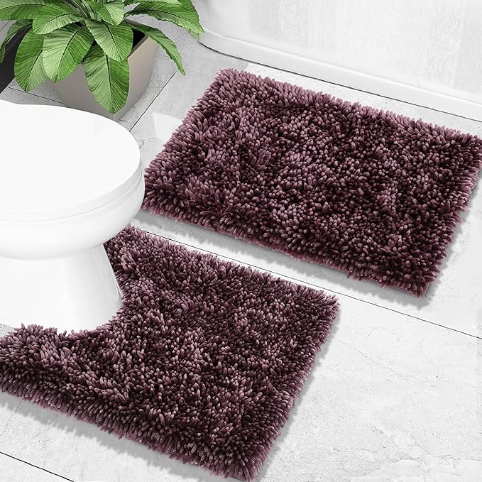 Yimobra Toilet Rugs U Shaped Washable, Extra Thick Soft Absorbent Chenille Contour Bathroom Rugs for Toilet 24x20 Inch, Quick Dry Non Slip Toilet Mat for Bath Floor, Purple Grey