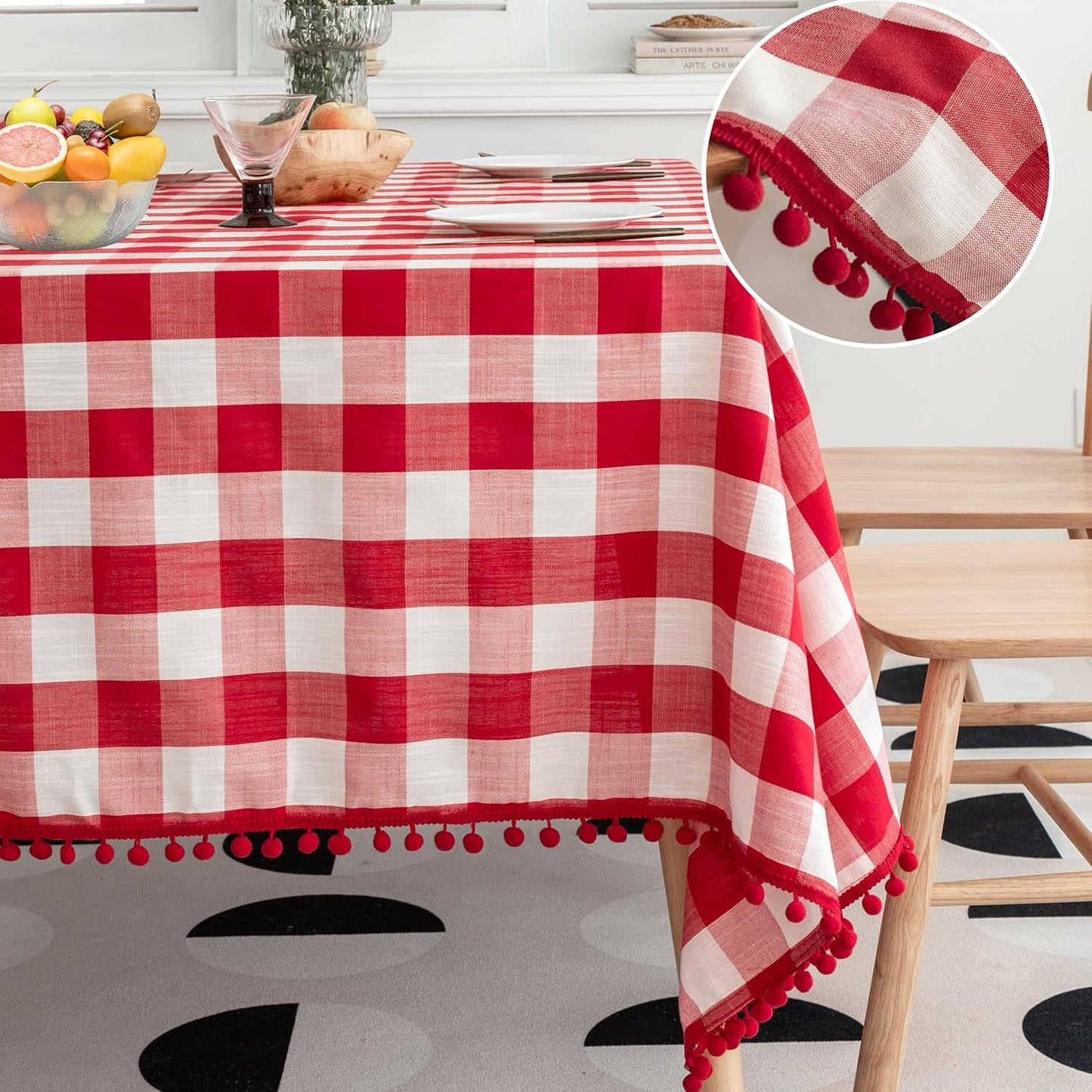 Jubilantex Farmhouse Pompom Checkered Rectangle Linen Tablecloth Christmas Buffalo Plaid Table Cover with Tassel for Kitchen Restaurant Home Decor, 60 x 120 inch Oblong Table Cover, Red and White