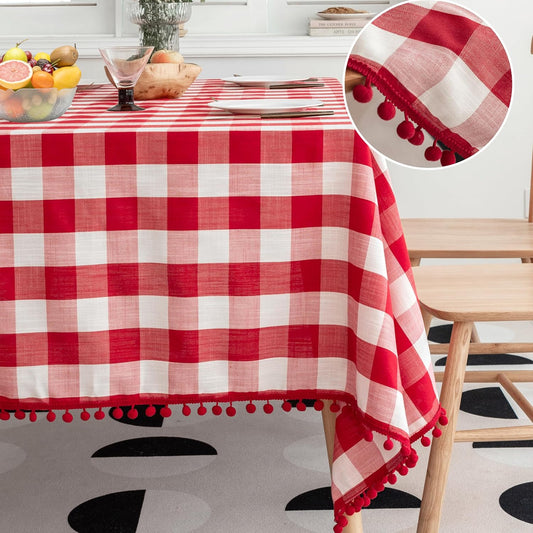 Jubilantex Buffalo Plaid Table Cloth for Rectangle Tables with Tassel Red and White Rustic Linen Textured Farmhouse Burlap Table Cover for Kitchen Dining Tabletop Decoration,60x 84 inch