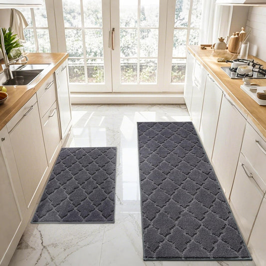 JSEI Kitchen Rugs, Non-Slip Kitchen Mats for Floor, Soft Washable Absorbent Kitchen Mats 2 Pieces, Kitchen Carpet Runner with TPR Backing, Polyester, 24”x36”+24”x60”, Dark Grey