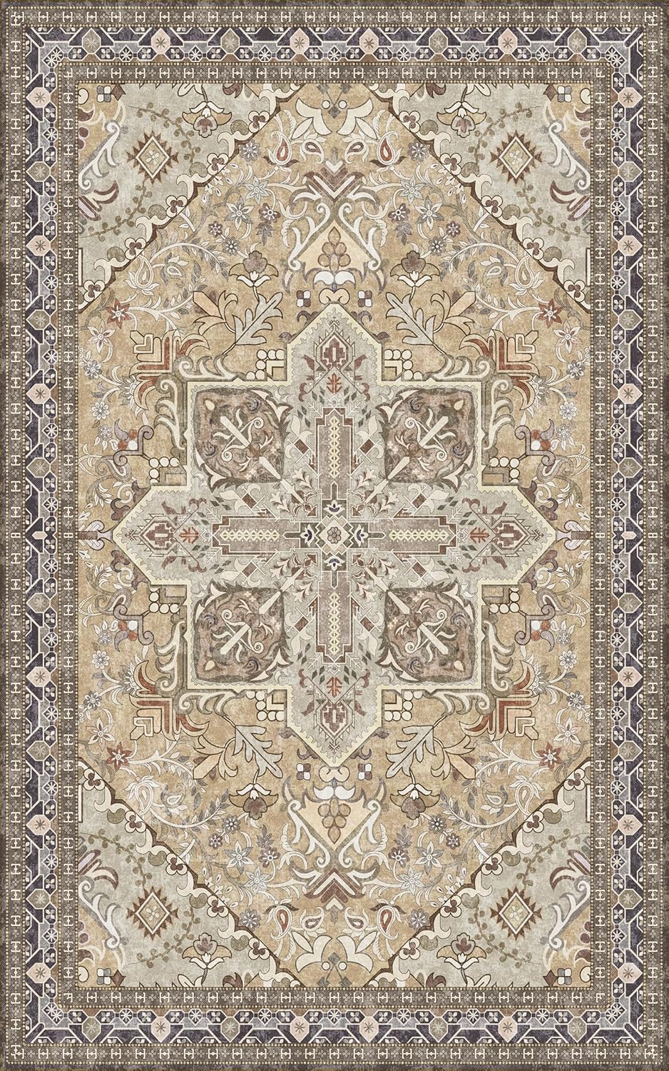 Washable Area Rug 5x8 | Non Slip Area Rug for Living Room, Bedrooms, Dining Room | Ultra-Soft Flannel Carpet Area with Rubber Backing (Olive Brown, 5x8)