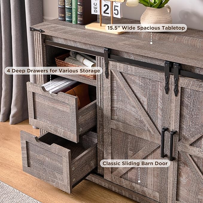 JXQTLINGMU Fireplace TV Stand for 80 Inch TV, Farmhouse Entertainment Center with 36" Fireplace, Modern Media Console with Sliding Barn Door & Storage Drawers for Living Room, Grey