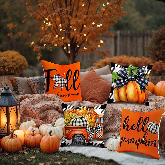JioJio Chan Fall Decorative Pillow Covers 18x18 - Set of 4 Pumpkin Autumn Throw Plaid Decorations Pillow Covers for Couch Sofa, Fall Thanksgiving Decor for Home Bedroom Living Room Outdoor