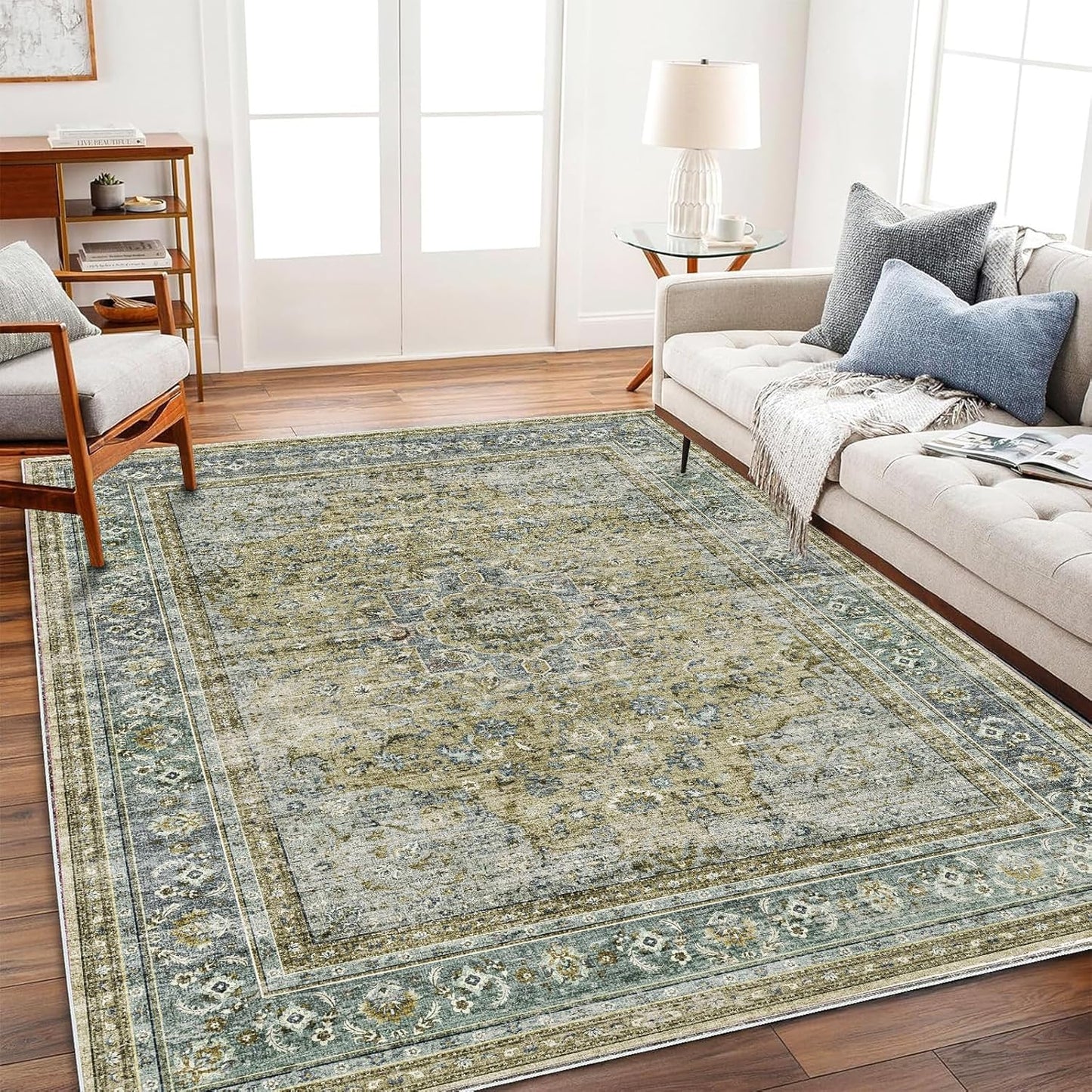 Washable Area Rug 4'x6' Traditional Floor Cover Foldable Thin Rugs Retro Kitchen Indoor Distressed Non Slip Carpet Floral Print Mat Bedroom Living Room