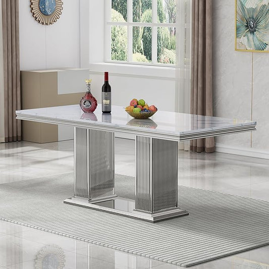 HomVent 70.08 Inch Modern Rectangular Faux Marble Dining Table with Stainless Steel Legs (Silver)