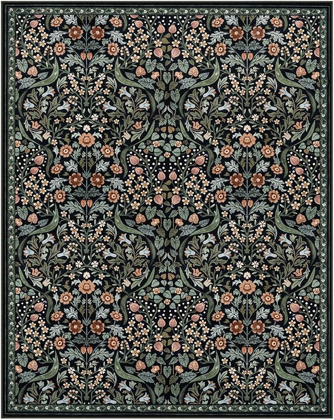 Lahome Floral 8x10 Black Rugs for Living Room, Soft Washable Large Area Rug for Bedroom Dining Room, Botanical Lightweight Stain-Resistant Boho Carpet for Guestroom Indoor